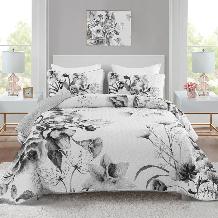 Floral Quilt Set King 3 Pieces Grey Floral Quilt Coverlet Set Soft Microfiber Lightweight White Quilted Bedspread for All Season 104"x90"