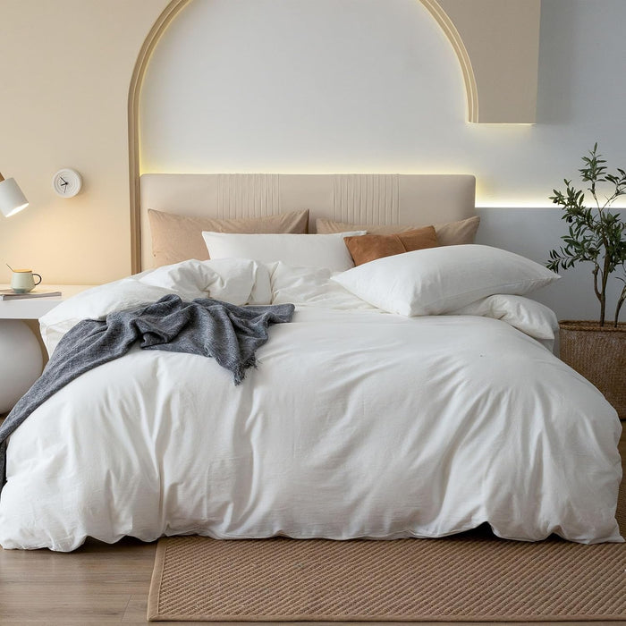 JIYUAN 100% Washed Cotton Duvet Cover Set 3 Pieces Queen, 1 Duvet Cover 90x90 Inches(Comforter Not Included) and 2 Pillowcases,Linen Feel Bedding Set Comfy and Breathable, Heathered Green