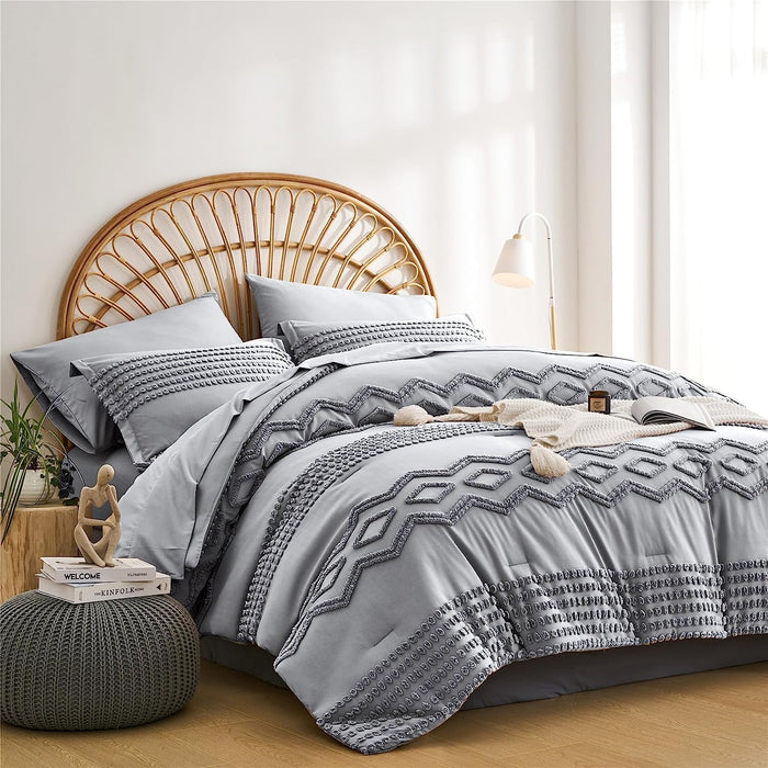 Blush Pink Tufted Comforter Set Queen Size 7 Piece Bed in a Bag, Shabby Chic Boho Comforter and Sheet Set, Pom Pom Textured Bed Set, All Season Soft Microfiber Complete Bedding Set(Pink,Queen)