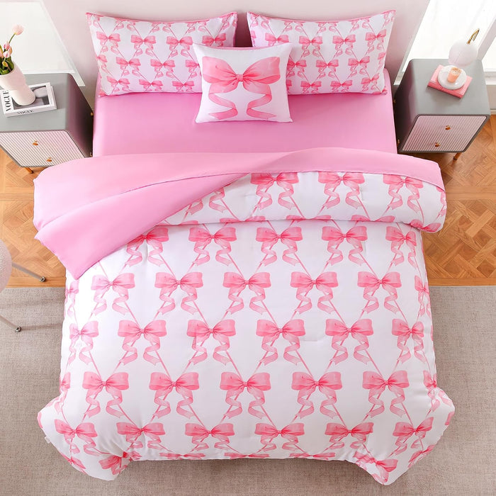 DORCAS Bow Comforter Set Full Bed in A Bag for Girls,6 Pieces Pink Bow Bedding Sets with Sheets for Kids