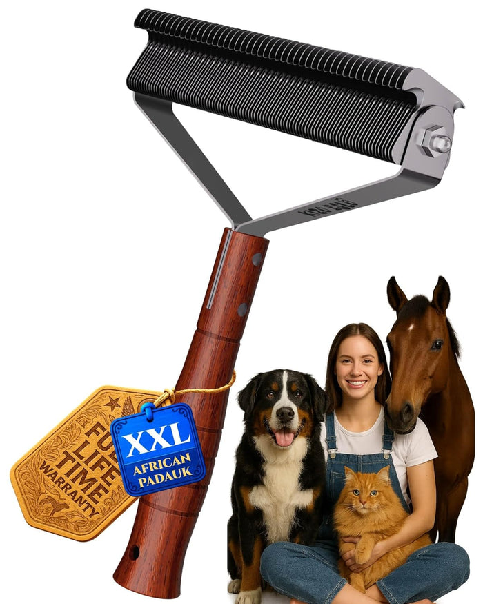 Extra Large 2-Sided Undercoat Rake for Dogs & Cats, Dog Brush for Shedding Remove Mats, Dematting Comb, Safe&Gentle Grooming Brush for German Shepherds Medium to Long-Haired Pets,Premium Wooden Handle