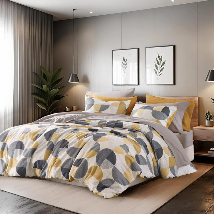 Stylish Three-Tone Printed Full Size Comforter Set, Bed in a Bag 9-Piece Bedding Set, Ultra-Soft Microfiber Comforter and Sheets Set, Warm and Cozy for All Seasons, Navy Blue & Grey