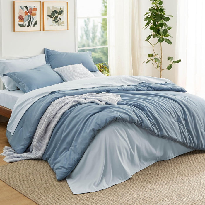Bedsure Queen Comforter Set - 7 Pieces Sage Green Queen Bedding Set for All Seasons, Boho Contrasting Design Bed in a Bag with Comforter, Sheets, Pillowcases & Shams