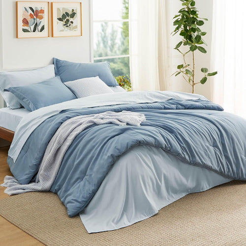 Bedsure Queen Comforter Set - 7 Pieces Grayish Blue Queen Bedding Set for All Seasons, Boho Contrasting Design Bed in a Bag with Comforter, Sheets, Pillowcases & Shams