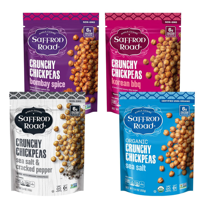 Saffron Road Roasted and Crunchy Sea Salt Chickpeas | High Protein Snacks | Certified Organic, Gluten-free, Vegan, Non-GMO, and Certified Halal and Kosher | 5.4oz Pouch | Pack of 6