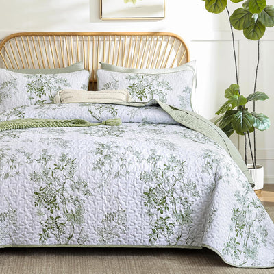 WONGS BEDDING Green Floral Quilt Set King,Botanical Leaf & Butterfly Pattern Bedspread Coverlet Set,Soft Beautiful Farmhouse Plants Quilts Bedding Set for All Seasons(104"×90")