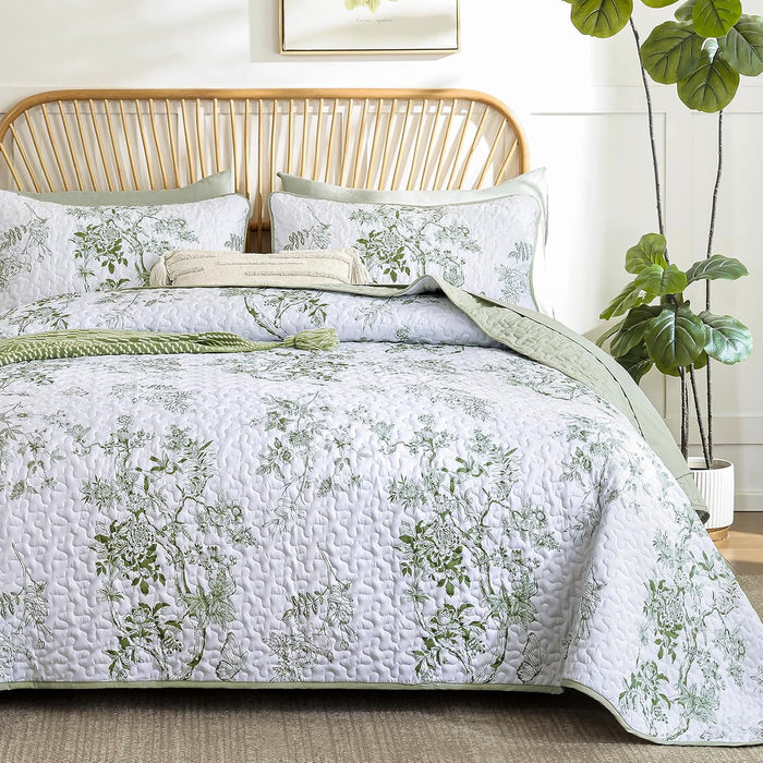 WONGS BEDDING Green Floral Quilt Set King,Botanical Leaf & Butterfly Pattern Bedspread Coverlet Set,Soft Beautiful Farmhouse Plants Quilts Bedding Set for All Seasons(104"×90")