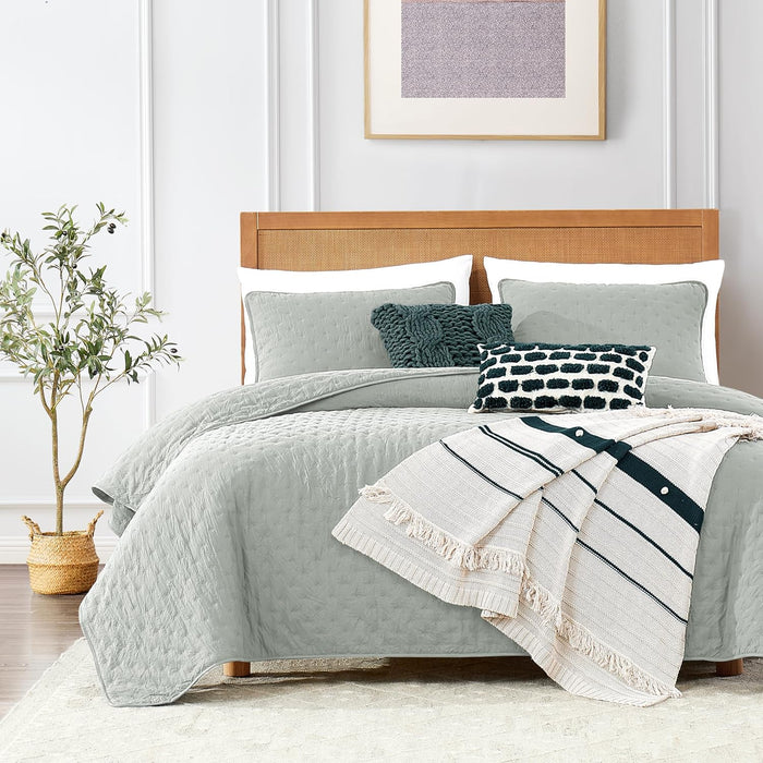 ROARINGWILD Beige Cloud Queen Size Quilt Bedding Sets with Pillow Shams, Farmhouse Lightweight Soft Bedspread Coverlet, All Season Rustic Country Thin Comforter, 3 Pieces, 90x90 inches, Tan Cream