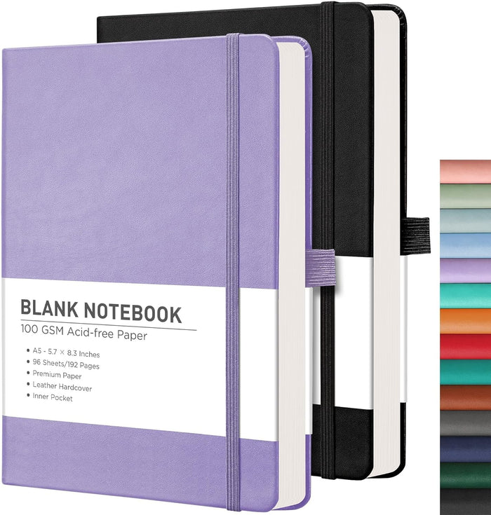 RETTACY Lined Journal Notebook, 2-Pack, 192 Numbered Pages per Pack, A5 Medium Size (5.7'' x 8.3''), for Men & Women, Writing, Work, Leather Hardcover, 100 GSM Thick Paper (Black & Dark Green)