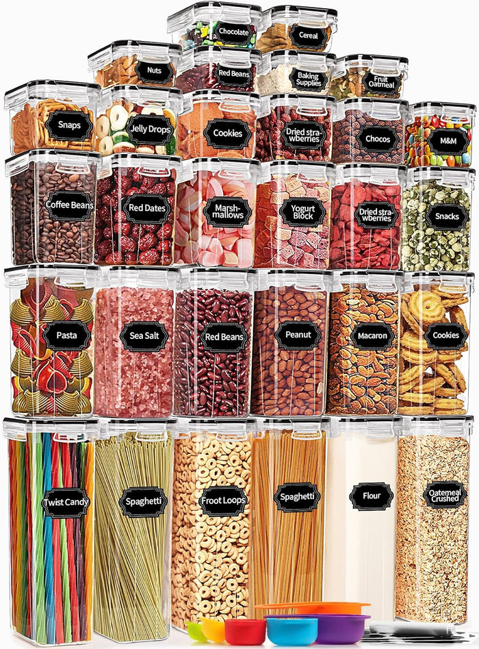 PRAKI 30 Pack Airtight Food Storage Containers for Kitchen Pantry Organizers and Storage, Plastic Kitchen Storage Canisters with Lids,Cereal, Flour & Sugar Containers - Labels, 6 Spoon & Marker