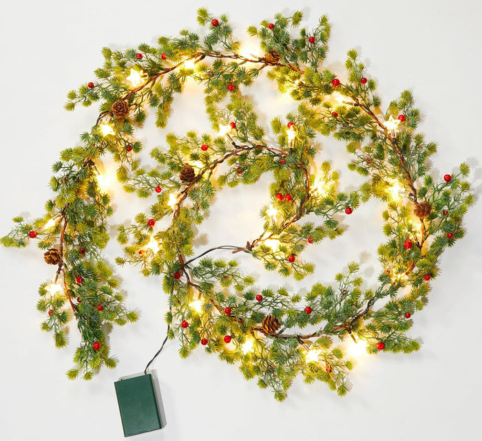Brightown Pre-lit Christmas Garland with Lights, 6 Feet 20 LED Battery Operated Christmas Lights with Pine Cones, Berry, Eucalyptus Leaves, Indoor Christmas Decorations for Stairs, Fireplace, Door