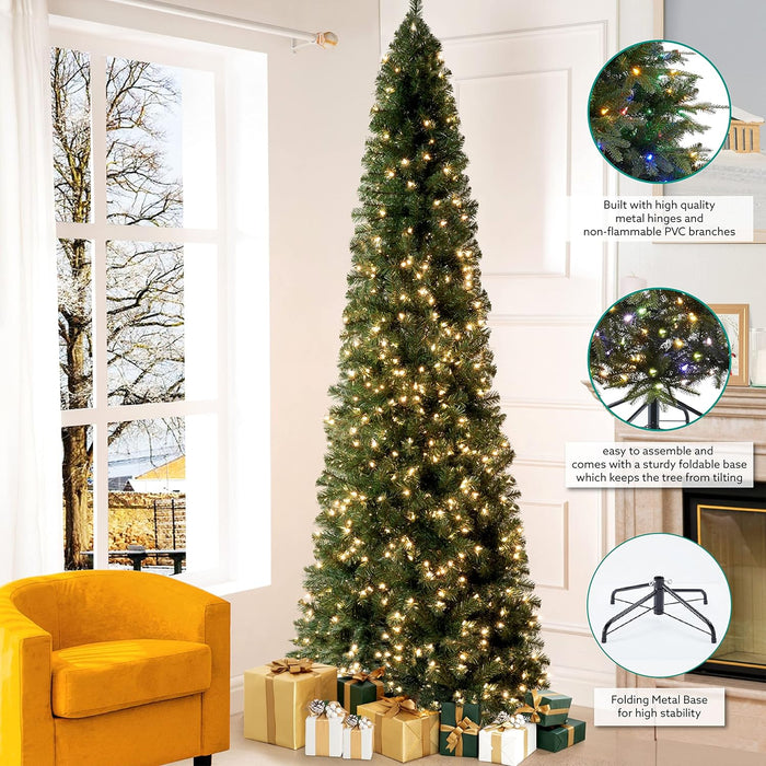 Vienna 7.5ft Prelit Slim Artificial Christmas Tree with 1102 Branch Tips, 350 Warm Lights and Metal Stand, 34" Wide Realistic Skinny Pencil Christmas Tree with Lights by Naomi Home