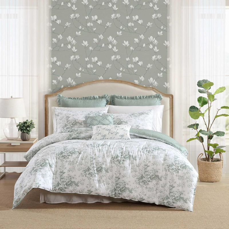 Laura Ashley - King Comforter Set, Soft & Reversible Cotton Bedding, Medium Weight 7 Piece Bed Set with Matching Pillowcases, Euro Shams & Bonus Throw Pillow Covers (Bramble Floral Green)