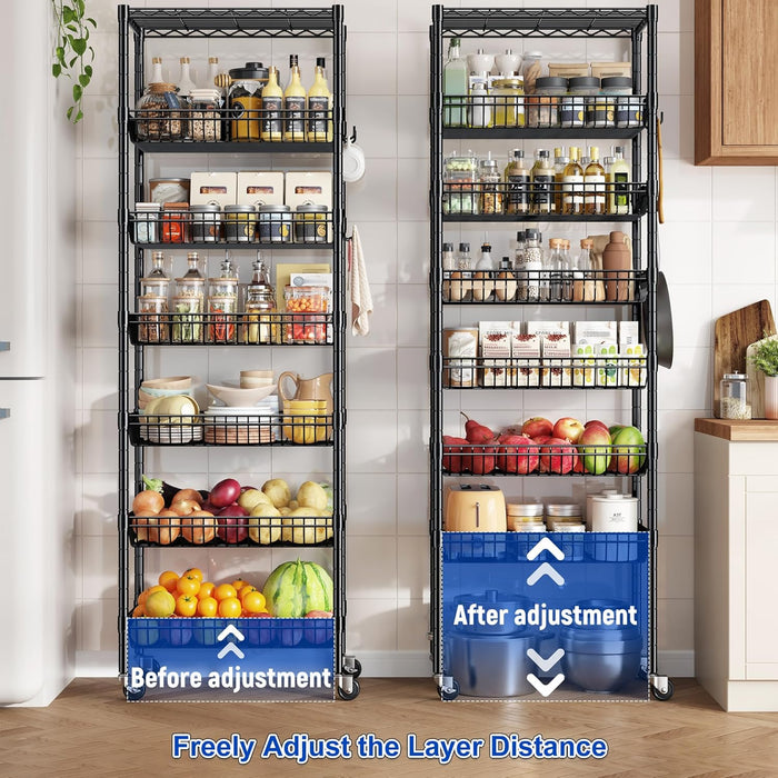 7 Tier Wire Shelving Unit with Wheels 72" H Adjustable Basket Shelf Storage Shelves with Hooks for Kitchen Bathroom Garage Closet Laundry Room Organization 72" H x 24" W x 14" D, Black