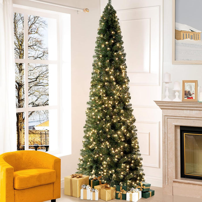 Vienna 7.5ft Prelit Slim Artificial Christmas Tree with 1102 Branch Tips, 350 Warm Lights and Metal Stand, 34" Wide Realistic Skinny Pencil Christmas Tree with Lights by Naomi Home