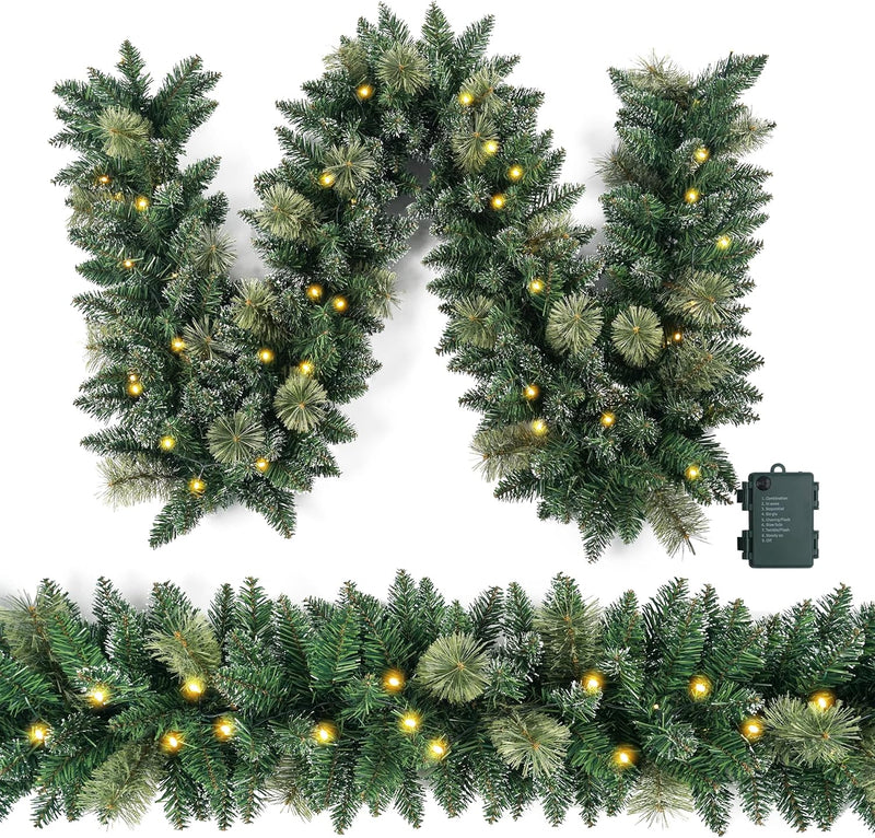 Christmas Garland Prelit 9 Ft Battery Operated with 50 Led Lights, Pine Cone and Snow Style Xmas Garland, Christmas Decor for Mantle StairIndoor Outdoor