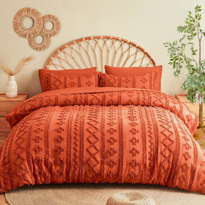 MR&HM Beige Comforter Set Queen, Tufted Boho Bedding Set, Farmhouse Bed in a Bag Set 7 Pieces with 1 Comforter, 2 Pillow Shams, 2 Pillowcases, 1 Flat Sheet, 1 Fitted Sheet for All Seasons