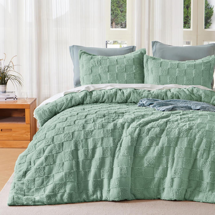 Joiedomi Tufted Queen Comforter Set, 3 Pieces Beige Boho Queen Bedding Set with 1 Plaid Geometric Comforter and 2 Pillow Shams, Checkered Bed in a Bag for All Seasons