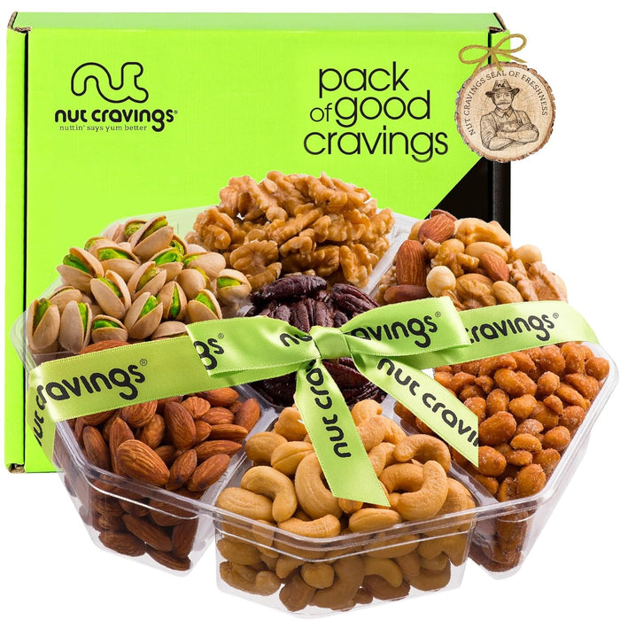 NUT CRAVINGS - Thanksgiving Mixed Nuts Gift Basket in Red Gold Box (7 Assortments, 1 LB) Holiday Xmas Christmas Food Arrangement, Healthy Snack Care Package, Food Assortments
