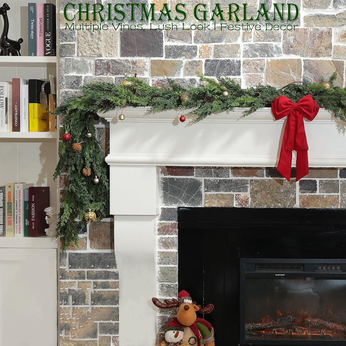 6 Feet Artificial Christmas Garland - Real Touch Cedar Garland - Christmas Decorations for Table,Fireplace,Mantle,Wall, Indoor Outdoor -Garland for Christmas Decorations - Free Battery LED Lights