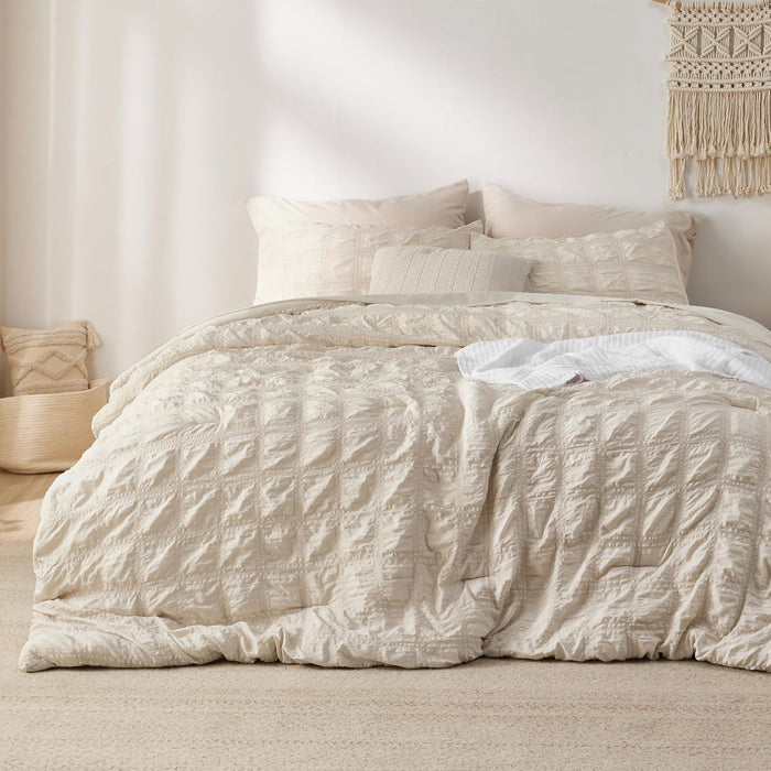 Bedsure Bed in a Bag Queen - 7 Pieces Plaid Seersucker Bedding Comforter Sets, Soft Lightweight Affogat Boho Bed Set with Comforters Queen Size, Sheets, Pillowcases & Shams