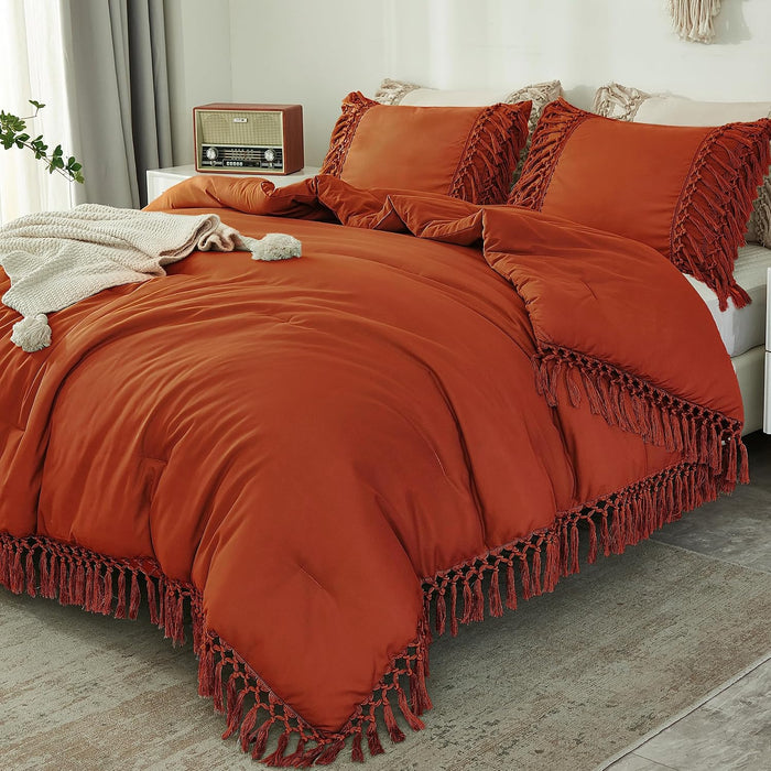 Andency Comforter Queen Size Set Beige, 3 Pieces Tassel Boho Lightweight Winter Bedding Comforters & Sets, All Season Bed Set (90x90In Comforter & 2 Pillowcases)