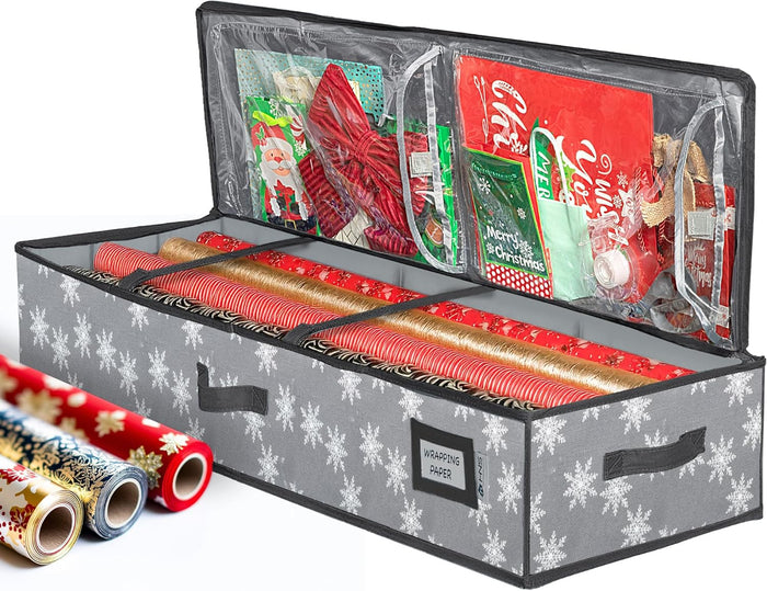 HOLDN’ STORAGE Premium Wrapping Paper Storage Container - Durable 600D Tear-Proof, Fits 27 Rolls Gift Wrap, Extra Pockets for Ribbons & Bows, Underbed Storage - Ideal for Holiday Christmas, Gray