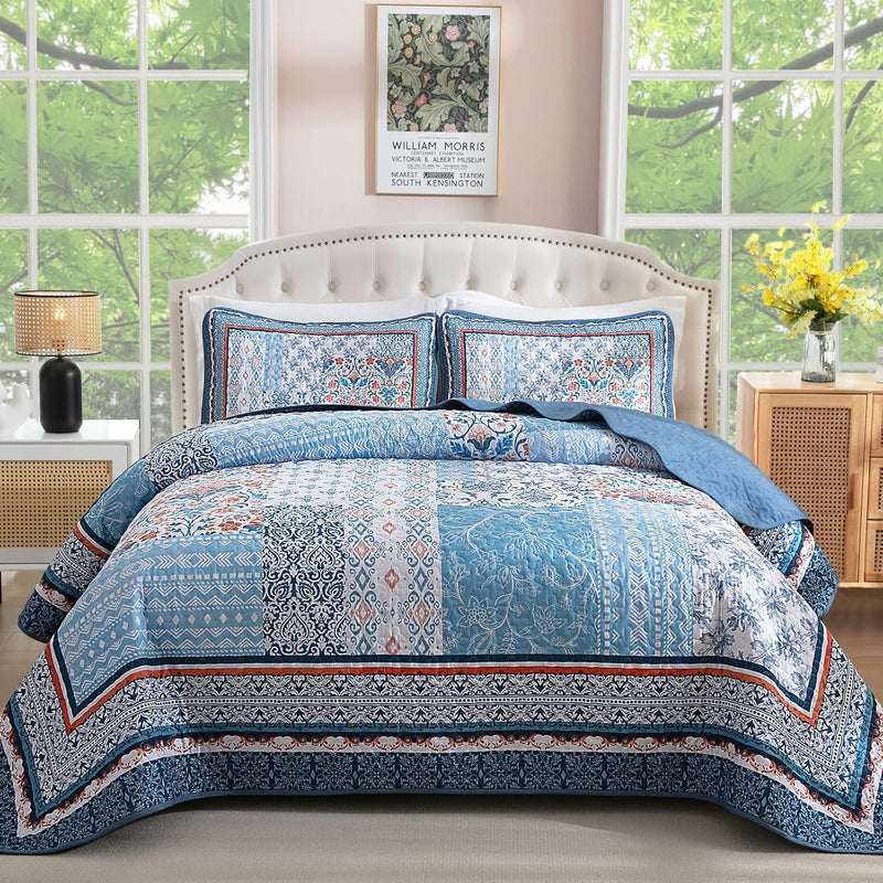 WONGS BEDDING Yellow Quilt Set Queen,Bohemian Patchwork Bedspread Coverlet Set, Reversible Boho Floral Pattern Bedspreads Bedding Quilt Set for All Seasons (96"x90")