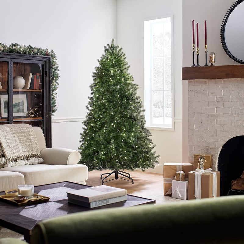 National Tree Company Pre-Lit 'Feel Real' Artificial Full Downswept Christmas Tree, Green, Douglas Fir, Dual Color LED Lights, Includes PowerConnect and Stand, 6.5 Feet