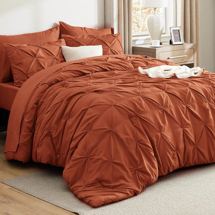 Bedsure Queen Comforter Set Beige - Bed in a Bag Queen Size Bedding 7 Pieces, GentleSoft™ Pintuck Bed Set Gift for Family, Pinch Pleat All Season Comforter with Sheets, Pillowcases & Shams
