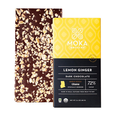 Moka Origins Organic Chocolate Bar Pack – Bean-to-Bar, Direct & Fair Trade, Small-Batch, Ethically Sourced, Gourmet, Artisan Craft Chocolate (6-Pack, Lemon Ginger)