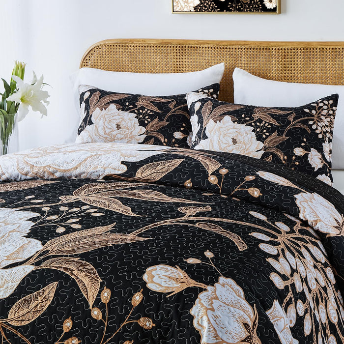 Yogeneg King Size Quilt Set,White Gold Floral Botanical Pattern Black Bedding Set,3 Piece Lightweight Soft Summer Bedspread Coverlet with 2 PIillow Sham for All Season(Black Floral,110"x96")
