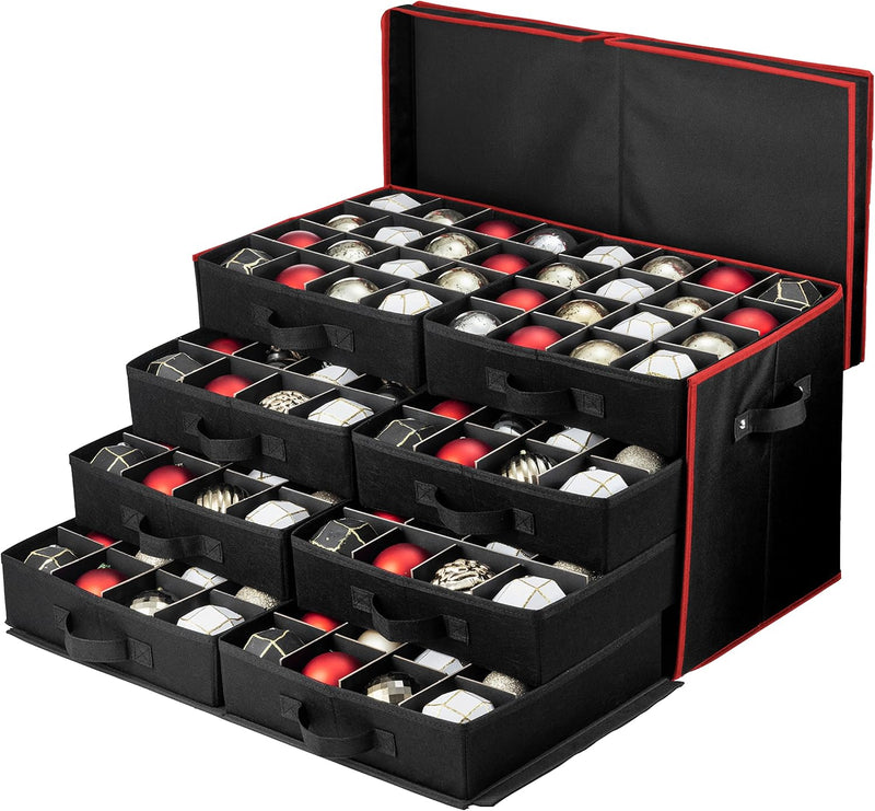 ZOBER Christmas Ornament Storage Box - Stores 128 3" Ornaments with Drawer Style Trays - Tear Proof 600D Oxford Fabric - Ornament Organizer Storage Box, Durable Christmas Containers Holder - Red