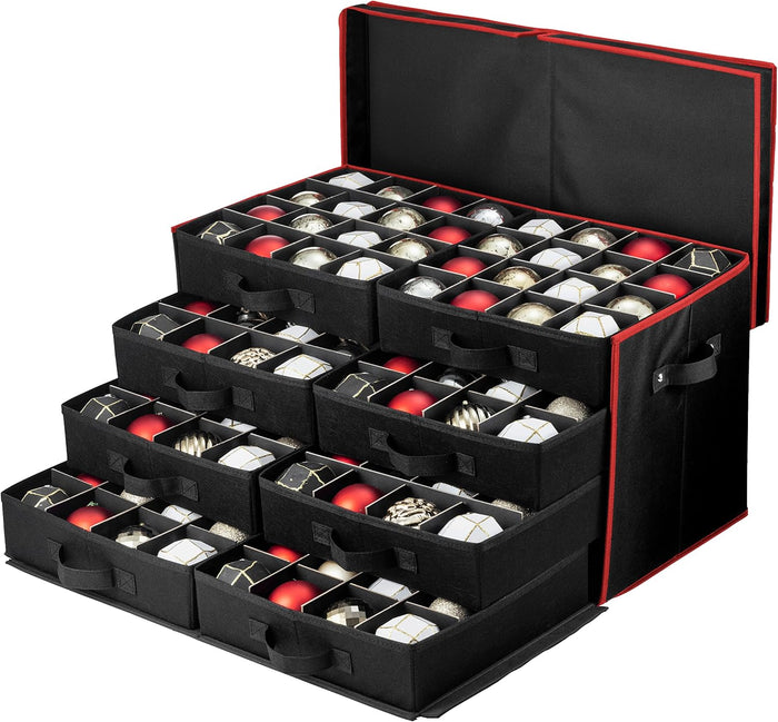 ZOBER Christmas Ornament Storage Box - Stores 128 3" Ornaments with Drawer Style Trays - Tear Proof 600D Oxford Fabric - Ornament Organizer Storage Box, Durable Christmas Containers Holder - Red