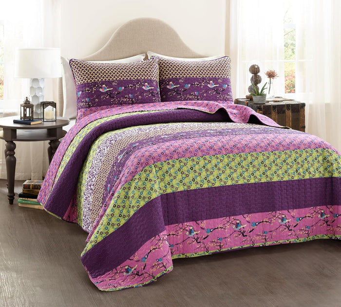 Lush Decor Royal Empire Reversible Cotton Quilt Set, 3 Piece Set King, Peacock - Striped Bedding Set - Floral Quilt King Size - Blue Bedding - Boho Decor