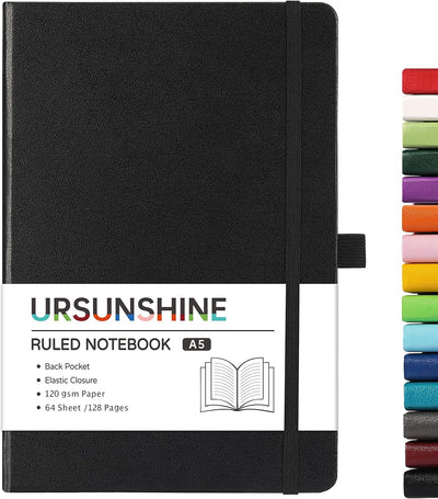 Ruled Notebook/Journal - Classic Lined Journal/Notebook, 5.3" x 8.26", Hardcover with Thick Paper, Banded + Pen Holder +Inner Pocket - Black
