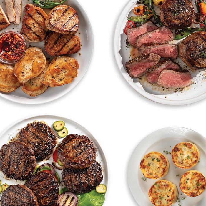 Omaha Steaks Deluxe Gift Package (4 Bacon-Wrapped Filet Mignons, 4 Steak Burgers, 4 Gourmet Jumbo Franks, 4 Au Gratin Potatoes, 4 Caramel Apple Tartlets, 1 jar Omaha Steaks Seasoning)