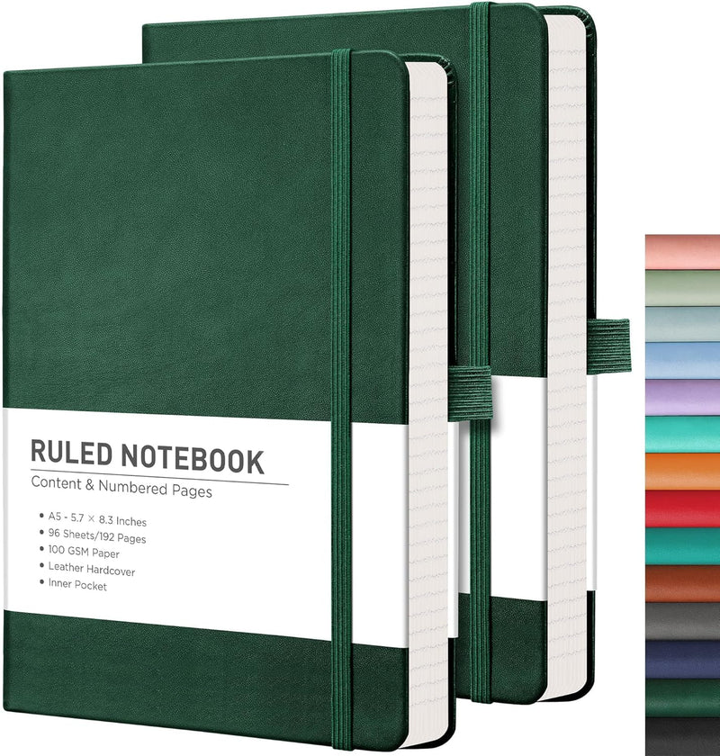 RETTACY Lined Journal Notebook, 2-Pack, 192 Numbered Pages per Pack, A5 Medium Size (5.7'' x 8.3''), for Men & Women, Writing, Work, Leather Hardcover, 100 GSM Thick Paper (Black & Dark Green)