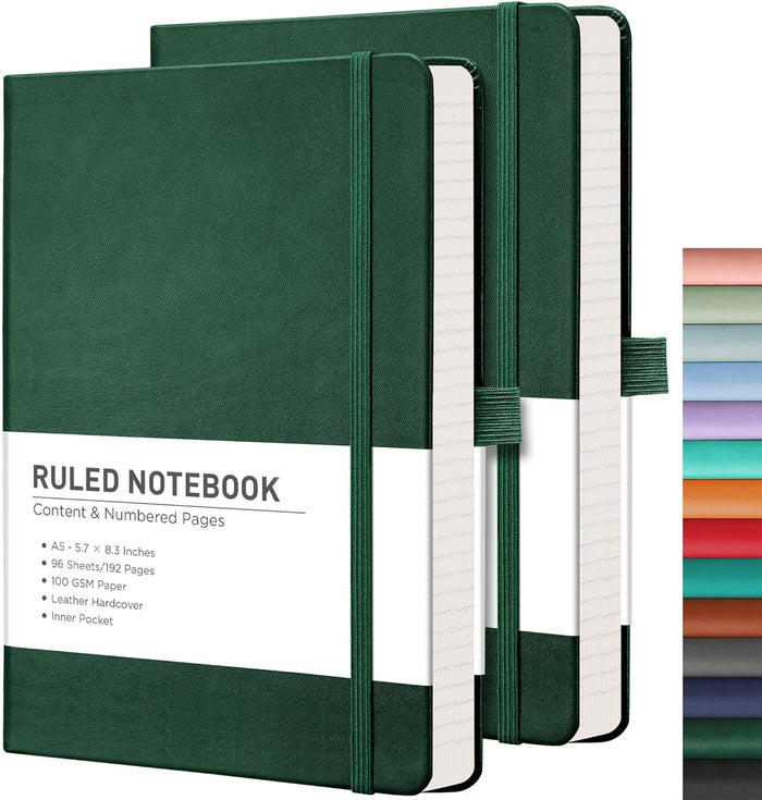 RETTACY Lined Journal Notebook, 2-Pack, 192 Numbered Pages per Pack, A5 Medium Size (5.7'' x 8.3''), for Men & Women, Writing, Work, Leather Hardcover, 100 GSM Thick Paper (Black & Dark Green)