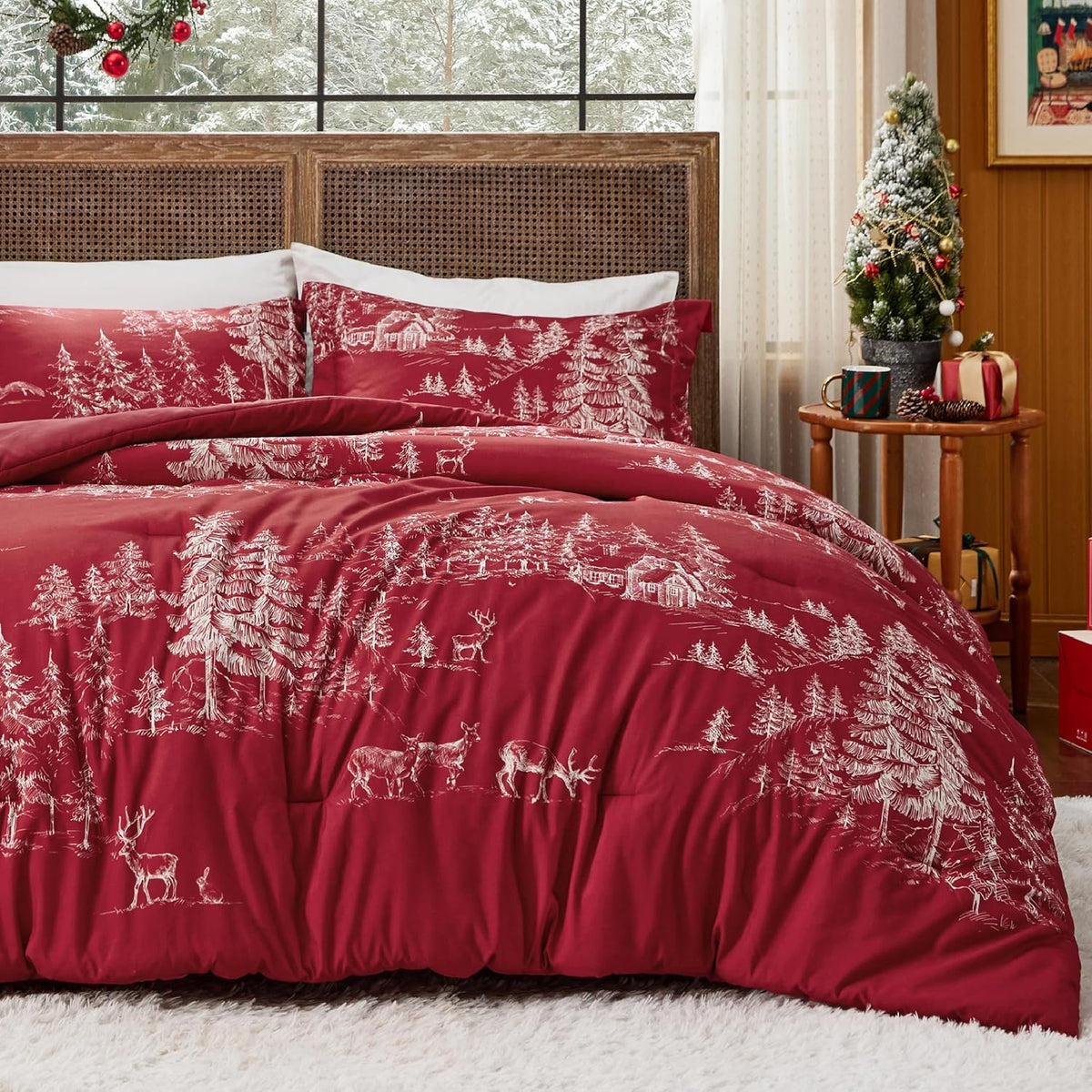 Bedsure Christmas Comforter Set King - Christmas Bed Set with Reindeer, Soft Bedding for Holiday, 3 Pieces, 1 Reversible Buffalo Check Printed Comforter and 2 Pillow Shams