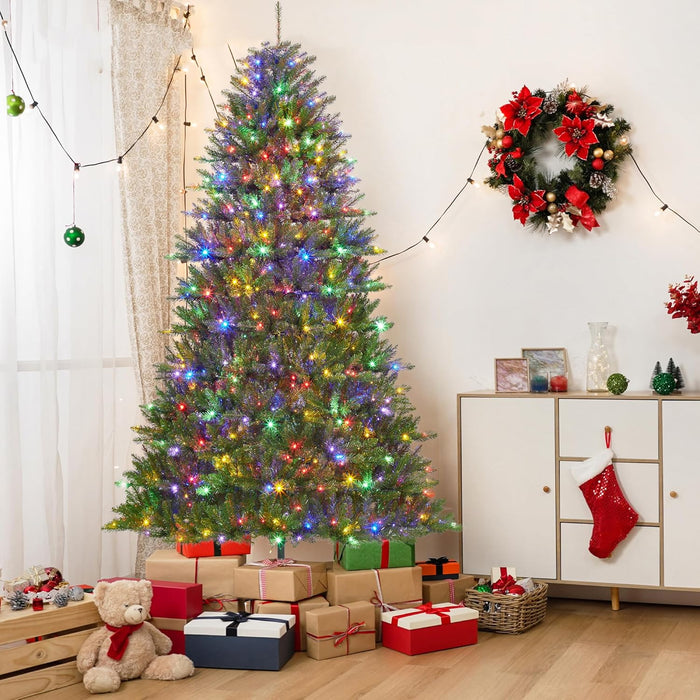 7.5ft Prelit Flocked Pencil Christmas Tree with Lights, Slim Artificial Xmas Tree with Snowy Branch Tips & Sturdy Metal Stand for Indoor Holiday or Party Decor