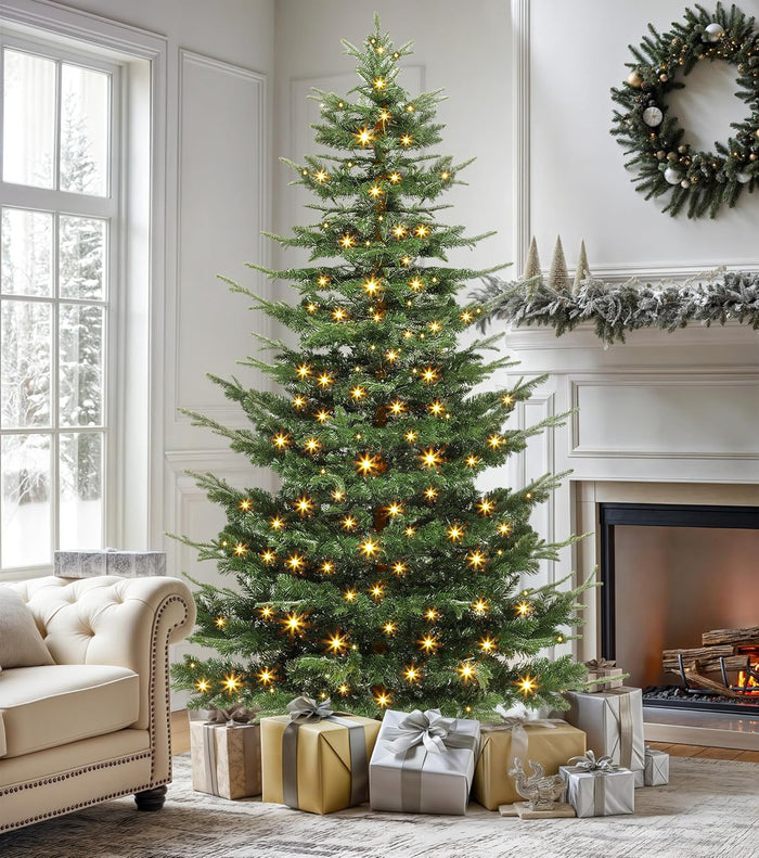 DWVO 6.5ft Aspen Fir Christmas Tree, Layered Artificial Christmas Tree with Crystal Embellishments, 900 Mixed PE & PVC Branch Tips, 500 Lights,Green with Remote Control