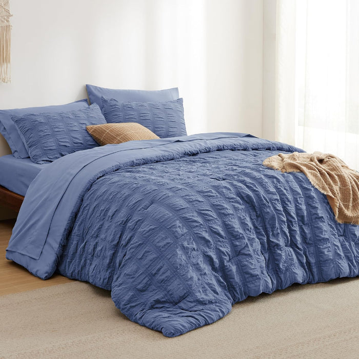 Bedsure Bed in a Bag Full - 7 Pieces Plaid Seersucker Bedding Comforter Sets, Soft Lightweight White Boho Bed Set with Comforters Full Size, Sheets, Pillowcases & Shams