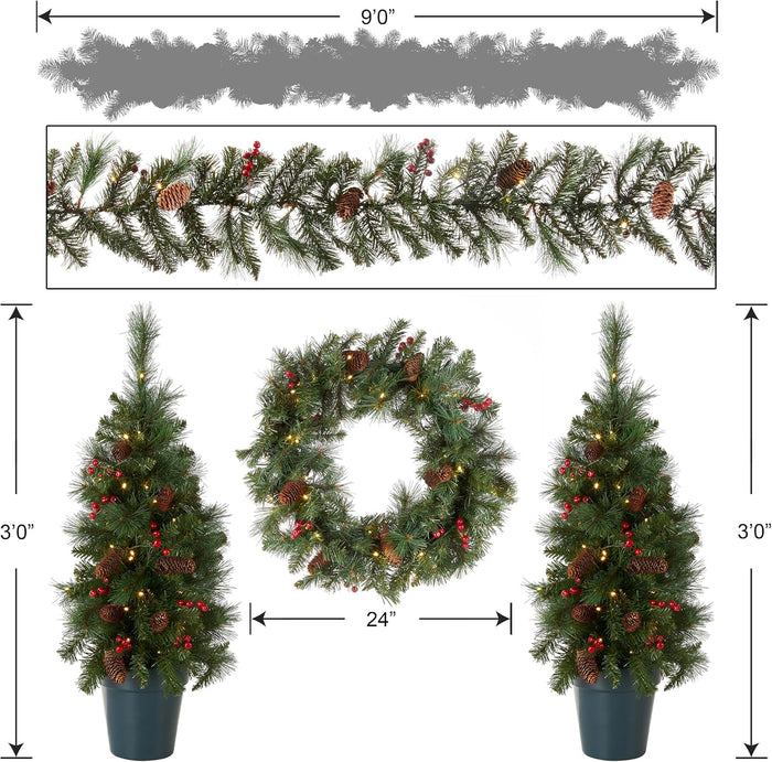 National Tree Company Pre-lit White LED Lights Holiday Christmas 4-Piece Set - Garland, Wreath and Set of 2 Entrance Trees