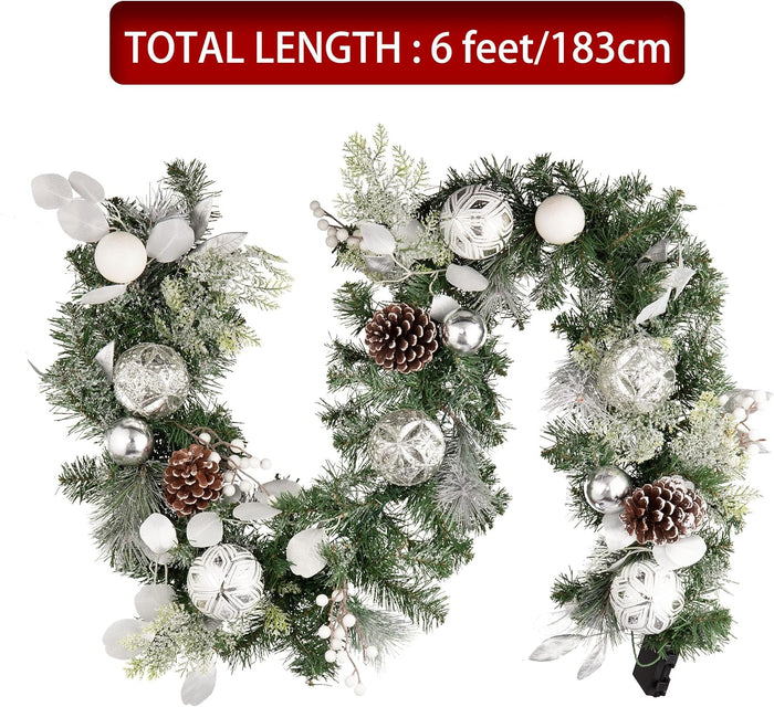 Valery Madelyn 6 Feet Pre-Lit Christmas Garland with Lights for Mantle, Lighted Outdoor Xmas Garland with Snowy White Ball Pinecones for Home Stairs Fireplace Table Centerpiece Indoor Holiday Decor