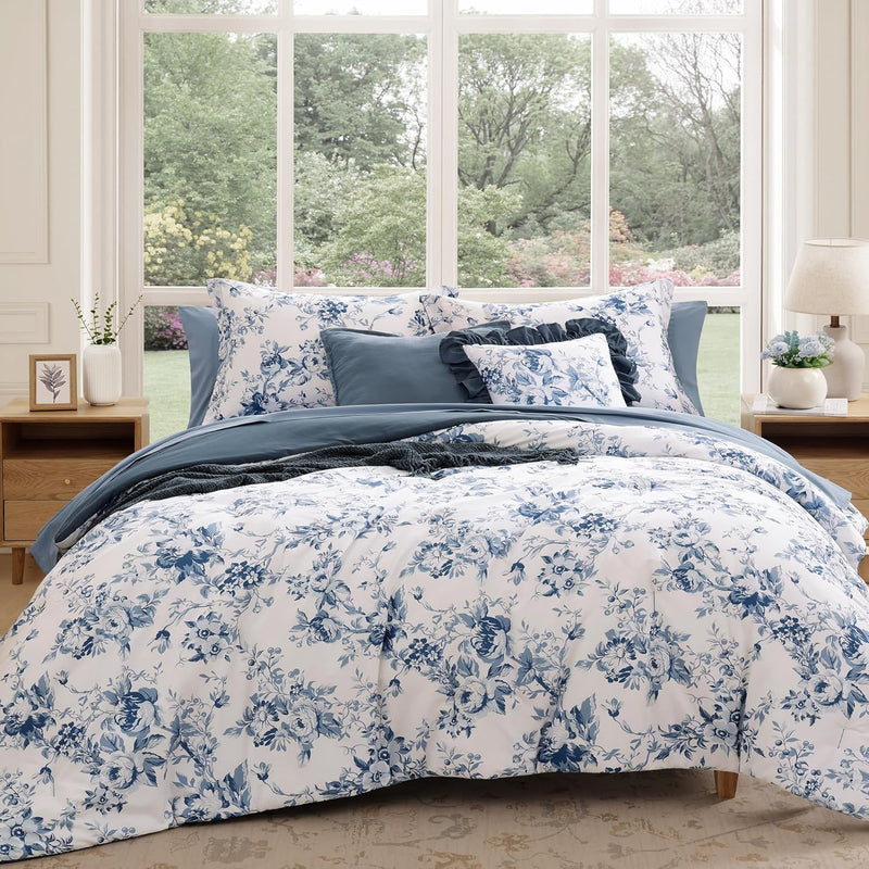 Queen Comforter Set -7 Pieces Pink Floral Comforter Set for All Seasons, Bed in a Bag Queen with Botanical Flowers Comforter, Sheets, Pillowcases & Shams