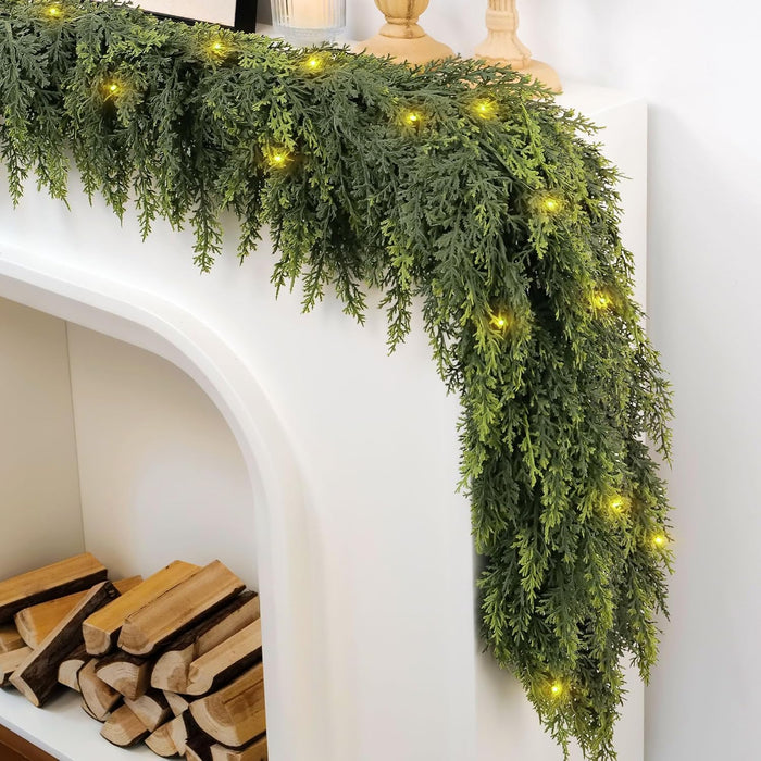 6ft Christmas Garland with Lights, Cedar Garland, Thick Realistic Green Cedar Pine Garland for Mantle, Stairs Railing, Indoor Outdoor New Year Decoration with Smart Timer