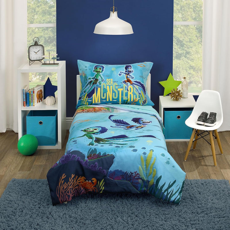 Disney Mickey's Big Adventure Blue, Red, Yellow & Green 4Piece Toddler Bed Set - Comforter, Fitted Bottom Sheet, Flat Top Sheet, Reversible Pillowcase, Blue, Red, Yellow, Green
