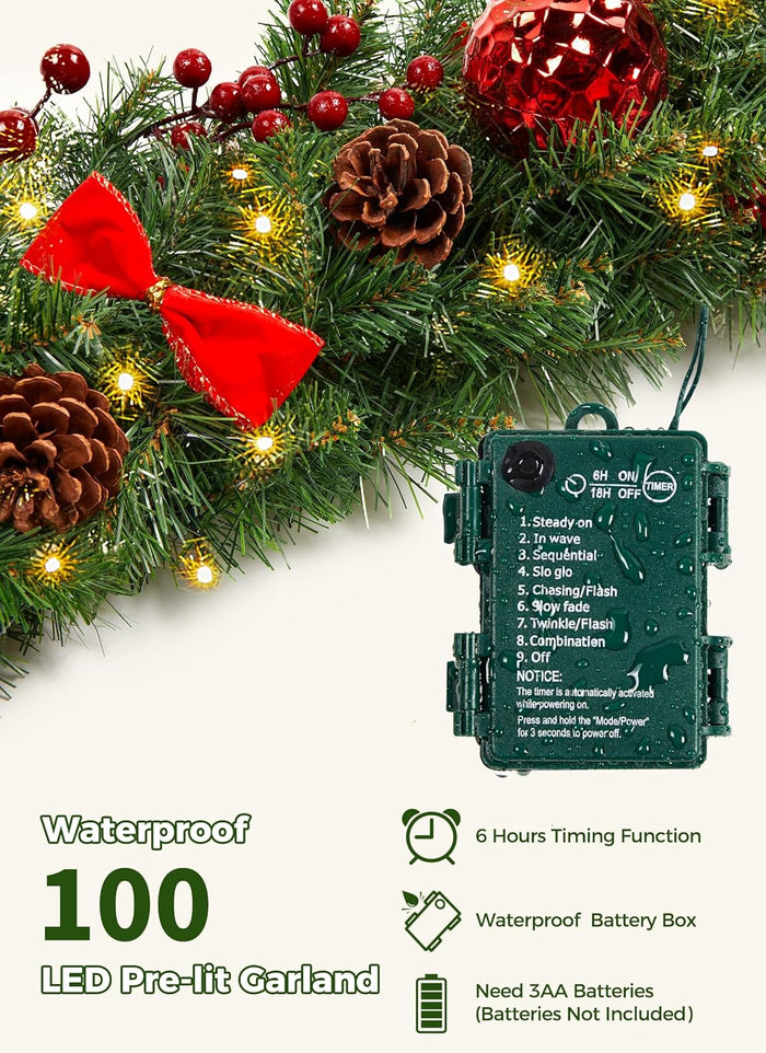 Brightown 9FT Christmas Garland with Lights, Battery Operated Prelit Garland with Pinecones, Berries, Bows, Ornaments, 100 LED White Lights, 8 Modes, Timer, for Mantle, Stairs, Fireplace, Door, Fence