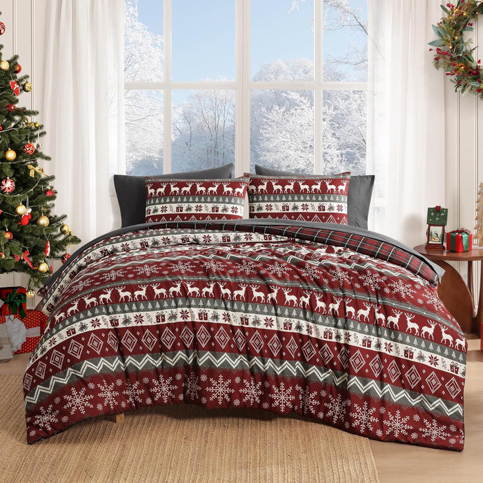 MaiRêve Queen Comforter Set, Plaid Design Comforter Set 7 Pieces, Comfortable Red Queen Bedding Sets Queen, Lightweight, Warm and Breathable (Red, Queen, 90"x90")